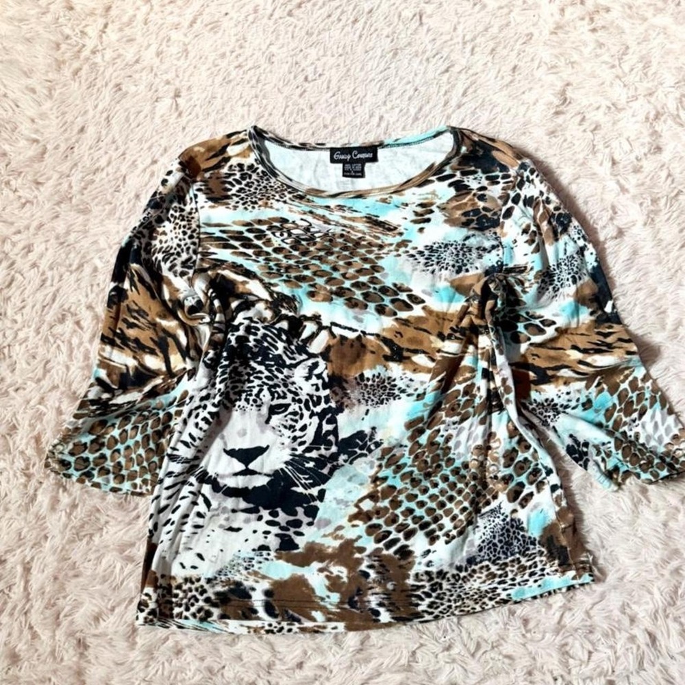 Animal Print Quirky Statement Maximalist Abstract Artistic Top Womens L Unique